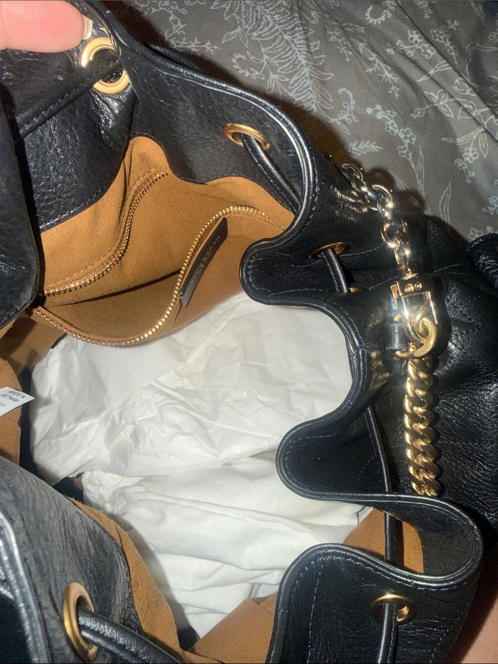 Black Leather Drawstring Bucket Bag with Gold Chain - Picture 3 of 3